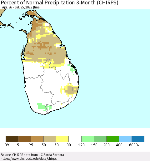 Sri Lanka Percent of Normal Precipitation 3-Month (CHIRPS) Thematic Map For 4/26/2022 - 7/25/2022