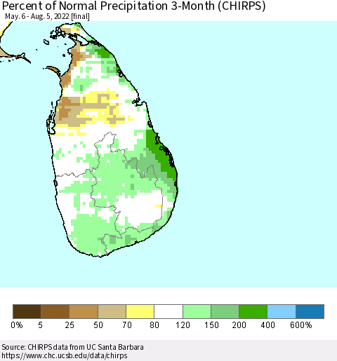Sri Lanka Percent of Normal Precipitation 3-Month (CHIRPS) Thematic Map For 5/6/2022 - 8/5/2022