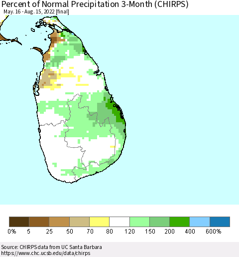 Sri Lanka Percent of Normal Precipitation 3-Month (CHIRPS) Thematic Map For 5/16/2022 - 8/15/2022