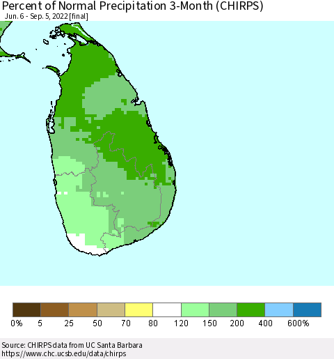 Sri Lanka Percent of Normal Precipitation 3-Month (CHIRPS) Thematic Map For 6/6/2022 - 9/5/2022