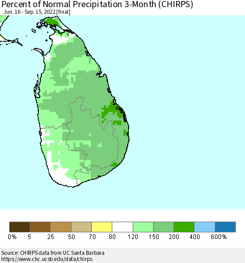 Sri Lanka Percent of Normal Precipitation 3-Month (CHIRPS) Thematic Map For 6/16/2022 - 9/15/2022