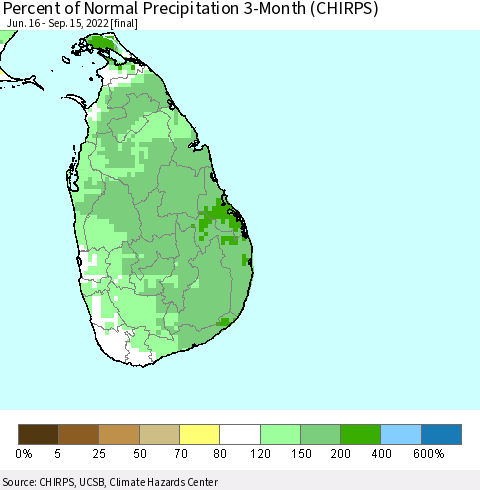 Sri Lanka Percent of Normal Precipitation 3-Month (CHIRPS) Thematic Map For 6/16/2022 - 9/15/2022