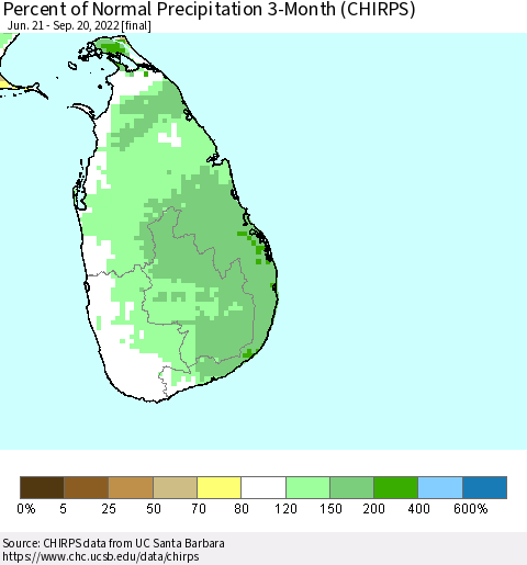Sri Lanka Percent of Normal Precipitation 3-Month (CHIRPS) Thematic Map For 6/21/2022 - 9/20/2022