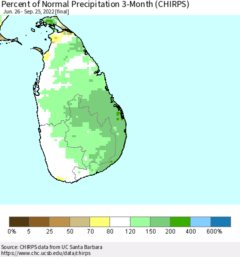 Sri Lanka Percent of Normal Precipitation 3-Month (CHIRPS) Thematic Map For 6/26/2022 - 9/25/2022