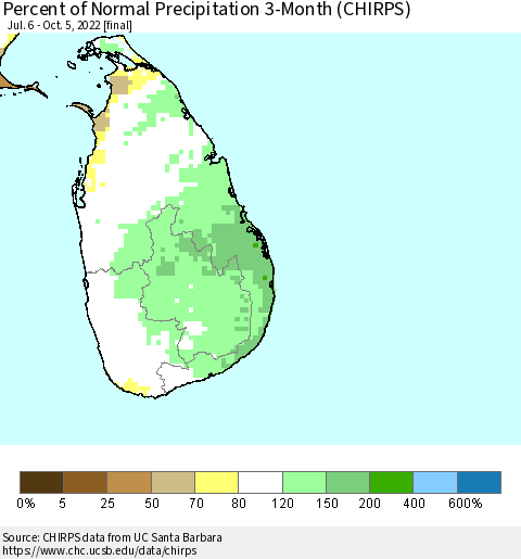 Sri Lanka Percent of Normal Precipitation 3-Month (CHIRPS) Thematic Map For 7/6/2022 - 10/5/2022
