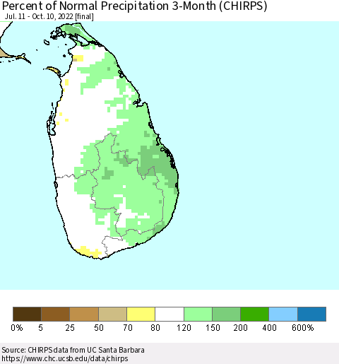Sri Lanka Percent of Normal Precipitation 3-Month (CHIRPS) Thematic Map For 7/11/2022 - 10/10/2022