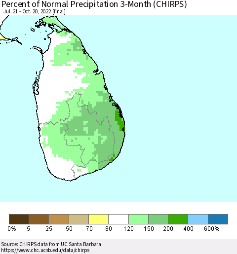 Sri Lanka Percent of Normal Precipitation 3-Month (CHIRPS) Thematic Map For 7/21/2022 - 10/20/2022