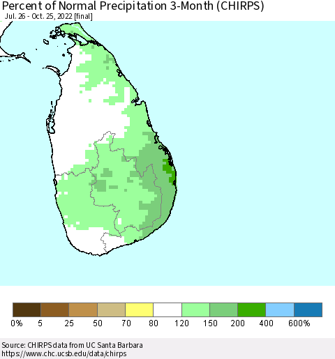 Sri Lanka Percent of Normal Precipitation 3-Month (CHIRPS) Thematic Map For 7/26/2022 - 10/25/2022