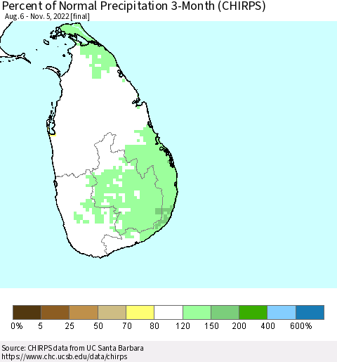 Sri Lanka Percent of Normal Precipitation 3-Month (CHIRPS) Thematic Map For 8/6/2022 - 11/5/2022