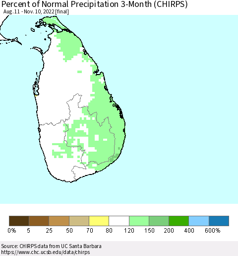 Sri Lanka Percent of Normal Precipitation 3-Month (CHIRPS) Thematic Map For 8/11/2022 - 11/10/2022