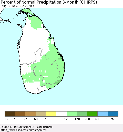 Sri Lanka Percent of Normal Precipitation 3-Month (CHIRPS) Thematic Map For 8/16/2022 - 11/15/2022