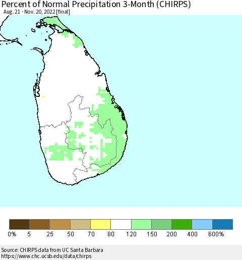 Sri Lanka Percent of Normal Precipitation 3-Month (CHIRPS) Thematic Map For 8/21/2022 - 11/20/2022