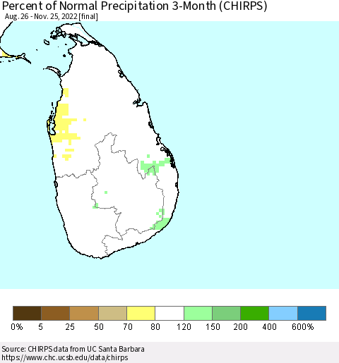 Sri Lanka Percent of Normal Precipitation 3-Month (CHIRPS) Thematic Map For 8/26/2022 - 11/25/2022