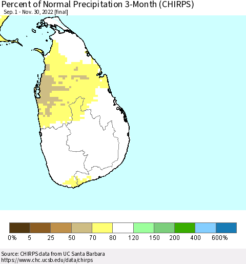 Sri Lanka Percent of Normal Precipitation 3-Month (CHIRPS) Thematic Map For 9/1/2022 - 11/30/2022