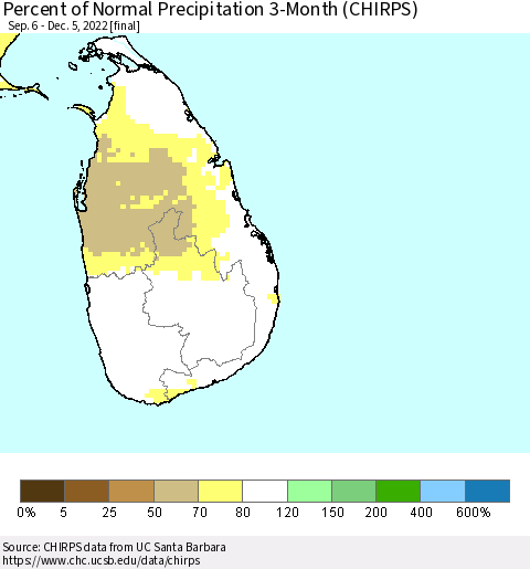 Sri Lanka Percent of Normal Precipitation 3-Month (CHIRPS) Thematic Map For 9/6/2022 - 12/5/2022