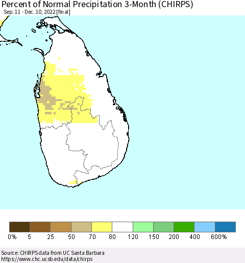 Sri Lanka Percent of Normal Precipitation 3-Month (CHIRPS) Thematic Map For 9/11/2022 - 12/10/2022