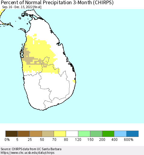 Sri Lanka Percent of Normal Precipitation 3-Month (CHIRPS) Thematic Map For 9/16/2022 - 12/15/2022