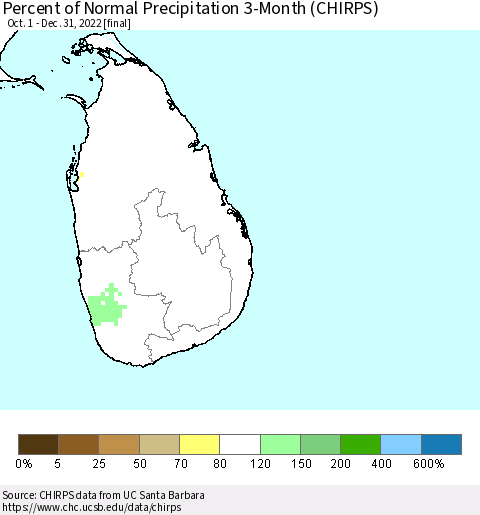 Sri Lanka Percent of Normal Precipitation 3-Month (CHIRPS) Thematic Map For 10/1/2022 - 12/31/2022