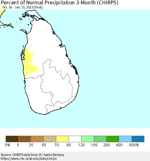 Sri Lanka Percent of Normal Precipitation 3-Month (CHIRPS) Thematic Map For 10/16/2022 - 1/15/2023