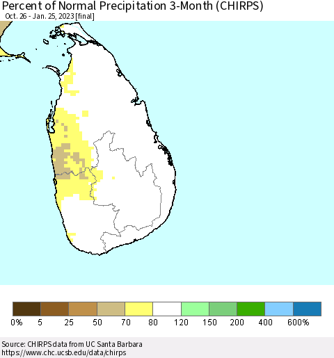 Sri Lanka Percent of Normal Precipitation 3-Month (CHIRPS) Thematic Map For 10/26/2022 - 1/25/2023