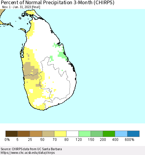 Sri Lanka Percent of Normal Precipitation 3-Month (CHIRPS) Thematic Map For 11/1/2022 - 1/31/2023