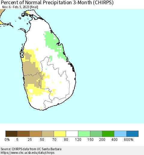 Sri Lanka Percent of Normal Precipitation 3-Month (CHIRPS) Thematic Map For 11/6/2022 - 2/5/2023