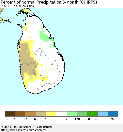 Sri Lanka Percent of Normal Precipitation 3-Month (CHIRPS) Thematic Map For 11/11/2022 - 2/10/2023