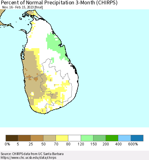 Sri Lanka Percent of Normal Precipitation 3-Month (CHIRPS) Thematic Map For 11/16/2022 - 2/15/2023