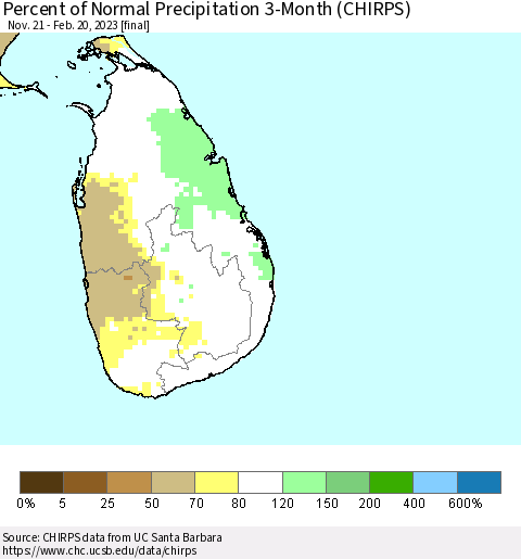 Sri Lanka Percent of Normal Precipitation 3-Month (CHIRPS) Thematic Map For 11/21/2022 - 2/20/2023