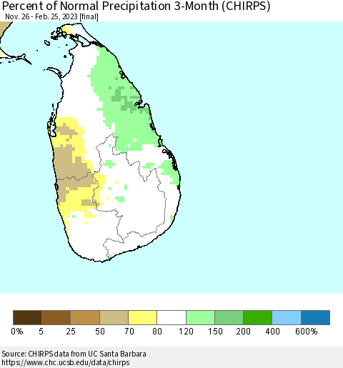 Sri Lanka Percent of Normal Precipitation 3-Month (CHIRPS) Thematic Map For 11/26/2022 - 2/25/2023