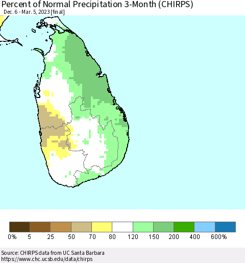 Sri Lanka Percent of Normal Precipitation 3-Month (CHIRPS) Thematic Map For 12/6/2022 - 3/5/2023