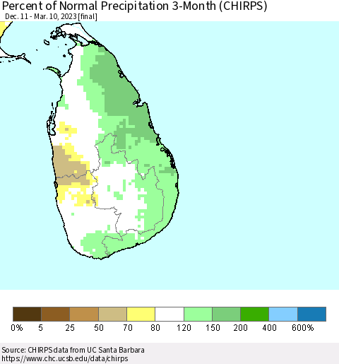 Sri Lanka Percent of Normal Precipitation 3-Month (CHIRPS) Thematic Map For 12/11/2022 - 3/10/2023