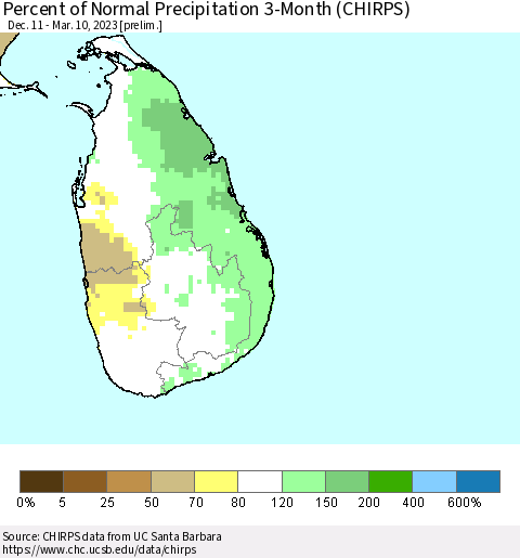 Sri Lanka Percent of Normal Precipitation 3-Month (CHIRPS) Thematic Map For 12/11/2022 - 3/10/2023