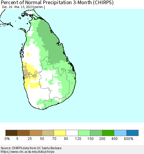 Sri Lanka Percent of Normal Precipitation 3-Month (CHIRPS) Thematic Map For 12/16/2022 - 3/15/2023