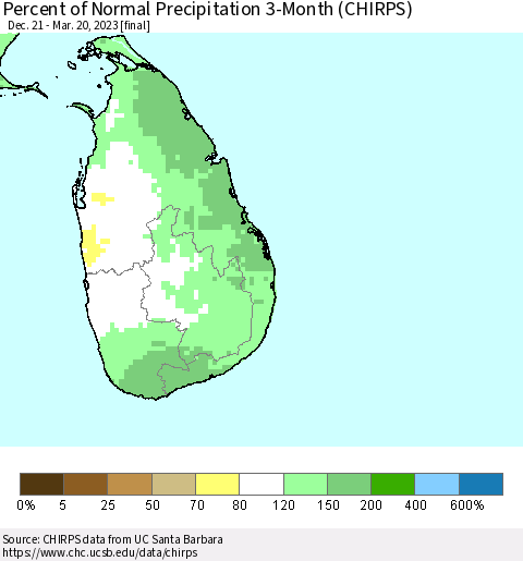 Sri Lanka Percent of Normal Precipitation 3-Month (CHIRPS) Thematic Map For 12/21/2022 - 3/20/2023