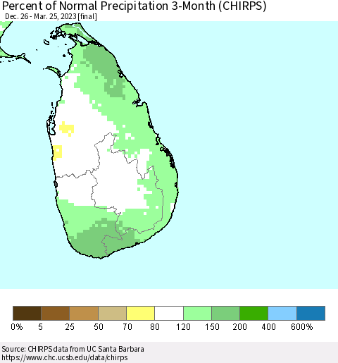 Sri Lanka Percent of Normal Precipitation 3-Month (CHIRPS) Thematic Map For 12/26/2022 - 3/25/2023