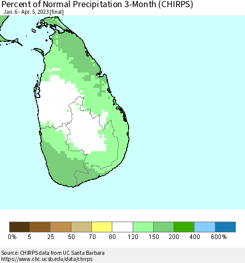 Sri Lanka Percent of Normal Precipitation 3-Month (CHIRPS) Thematic Map For 1/6/2023 - 4/5/2023
