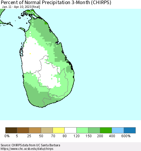Sri Lanka Percent of Normal Precipitation 3-Month (CHIRPS) Thematic Map For 1/11/2023 - 4/10/2023