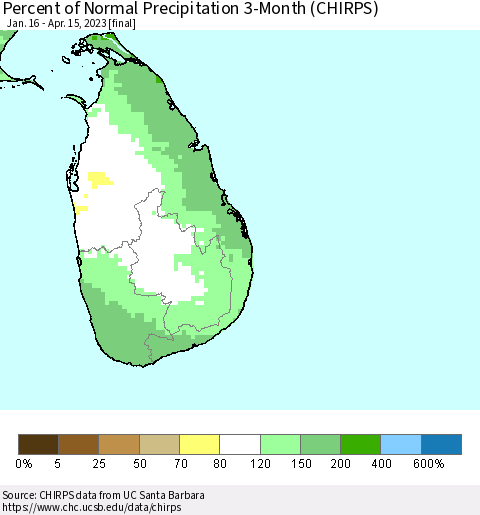 Sri Lanka Percent of Normal Precipitation 3-Month (CHIRPS) Thematic Map For 1/16/2023 - 4/15/2023