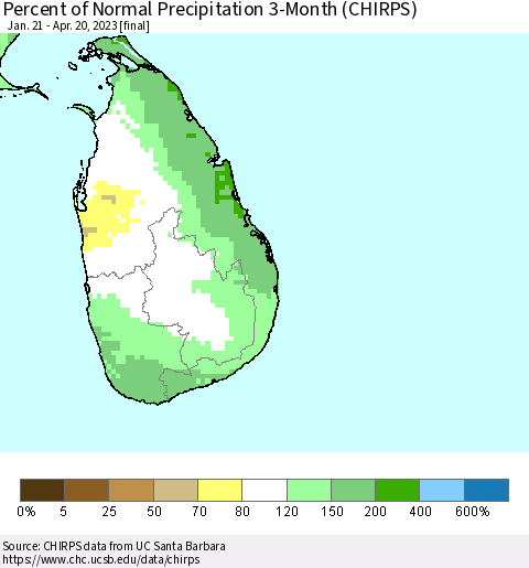 Sri Lanka Percent of Normal Precipitation 3-Month (CHIRPS) Thematic Map For 1/21/2023 - 4/20/2023