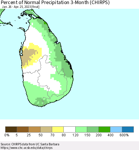 Sri Lanka Percent of Normal Precipitation 3-Month (CHIRPS) Thematic Map For 1/26/2023 - 4/25/2023