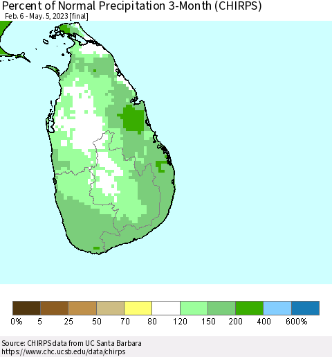 Sri Lanka Percent of Normal Precipitation 3-Month (CHIRPS) Thematic Map For 2/6/2023 - 5/5/2023