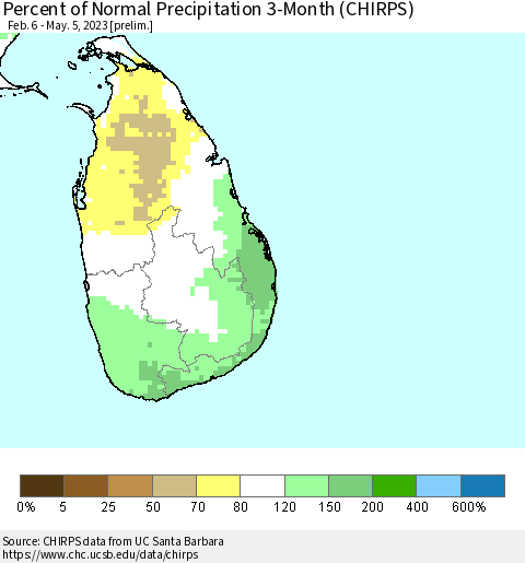 Sri Lanka Percent of Normal Precipitation 3-Month (CHIRPS) Thematic Map For 2/6/2023 - 5/5/2023