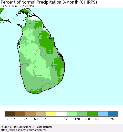 Sri Lanka Percent of Normal Precipitation 3-Month (CHIRPS) Thematic Map For 2/11/2023 - 5/10/2023