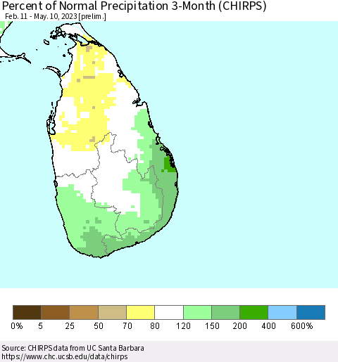 Sri Lanka Percent of Normal Precipitation 3-Month (CHIRPS) Thematic Map For 2/11/2023 - 5/10/2023