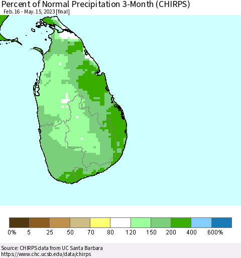 Sri Lanka Percent of Normal Precipitation 3-Month (CHIRPS) Thematic Map For 2/16/2023 - 5/15/2023