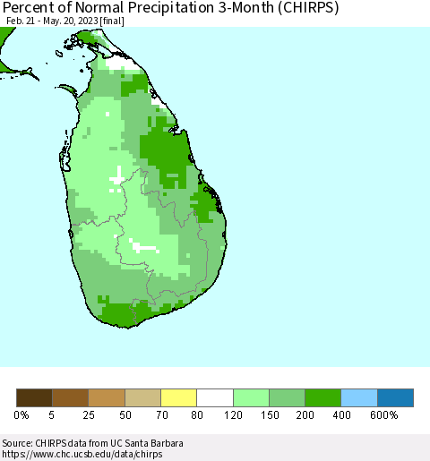 Sri Lanka Percent of Normal Precipitation 3-Month (CHIRPS) Thematic Map For 2/21/2023 - 5/20/2023