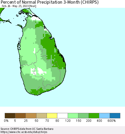 Sri Lanka Percent of Normal Precipitation 3-Month (CHIRPS) Thematic Map For 2/26/2023 - 5/25/2023