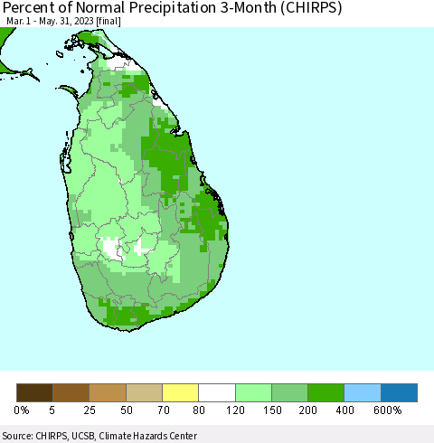 Sri Lanka Percent of Normal Precipitation 3-Month (CHIRPS) Thematic Map For 3/1/2023 - 5/31/2023