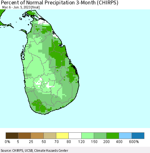 Sri Lanka Percent of Normal Precipitation 3-Month (CHIRPS) Thematic Map For 3/6/2023 - 6/5/2023